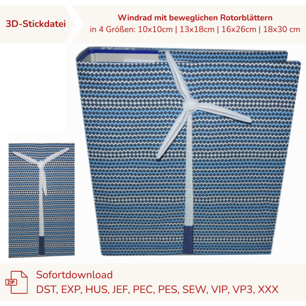3D-Stickdatei Windrad mit beweglichen Rotorblättern