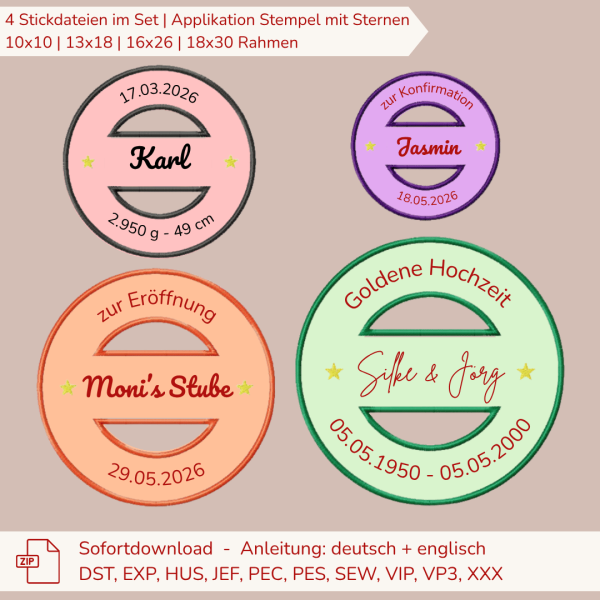 4 Stickdateien Stempel - Applikation blanko für 10x10 / 13x18 / 16x26 / 18x30 cm Stickrahmen im Set