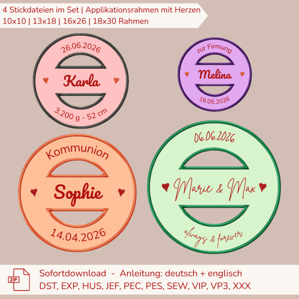 4 Stickdateien Stempel - Applikation Herzen für 10x10 / 13x18 / 16x26 / 18x30 cm Stickrahmen im Set