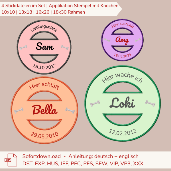 4 Stickdateien Stempel - Applikation Hunde - Knochen für 10x10 / 13x18 / 16x26 / 18x30 cm Stickrahmen im Set