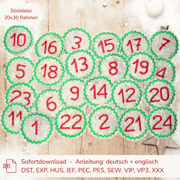 Stickdatei Adventskalenderzahlen 1-24 für 20x30 cm