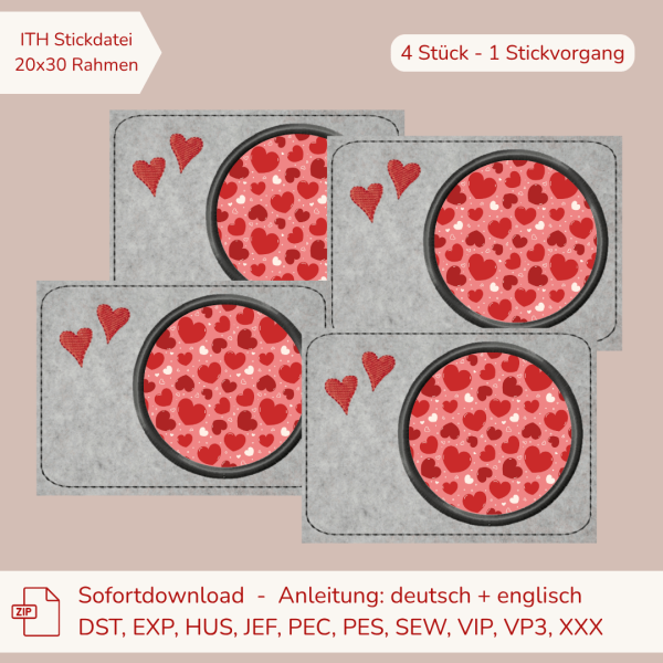 ITH-Stickdatei 4er Set MugRug Untersetzer mit Herzen für 20 x 30 cm Stickrahmen