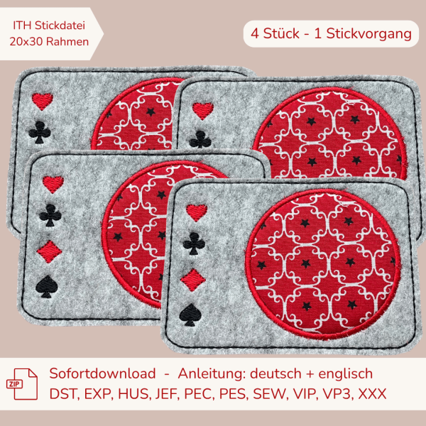 4 ITH-Stickdateien MugRug Untersetzer Kartenspieler für 20x30cm Rahmen