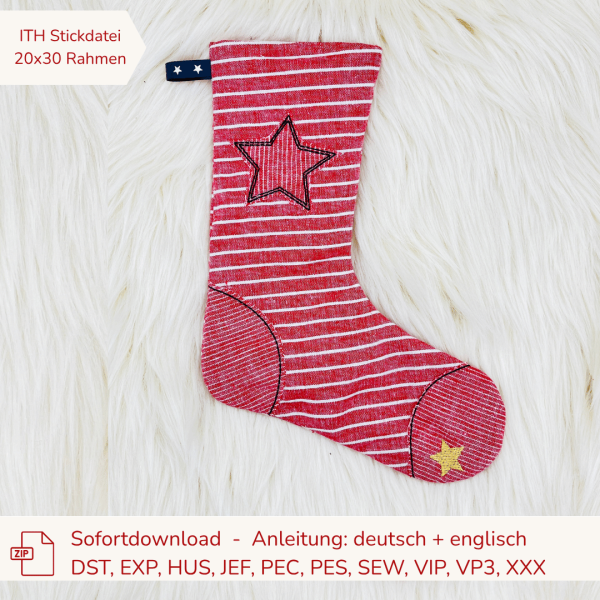 Stickdatei ITH Nikolausstiefel mit Stern für 20x30 cm Stickrahmen