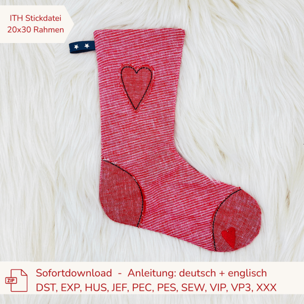 Stickdatei ITH Nikolausstiefel mit Herz für 20x30 cm Stickrahmen
