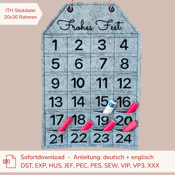 Stickdatei ITH Adventskalender mit freiem Textfeld für 20x30 cm Stickrahmen
