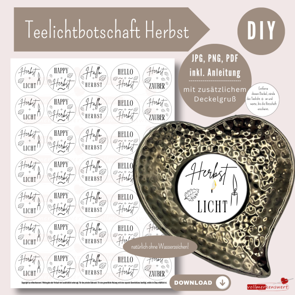 Teelichtbotschaft Hallo Herbst PDF Vorlage Kerzentatoo