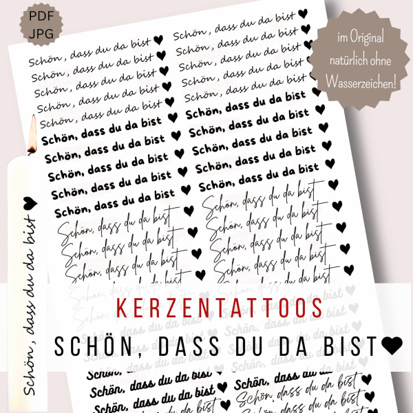 46 Kerzentattoos Schön, dass du da bist PDF Vorlage zum Ausdrucken - Wasserschiebefolie - Stabkerzen - 