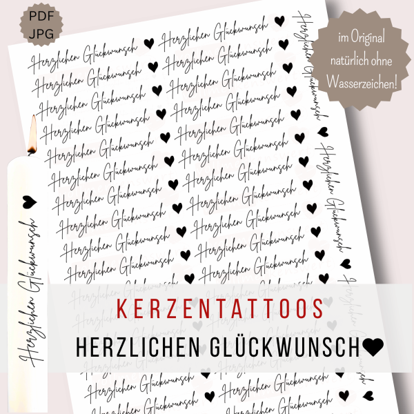 39 Kerzentattoos Herzlichen Glückwunsch - PDF Vorlage zum Ausdrucken - Wasserschiebefolie - Stabkerzen