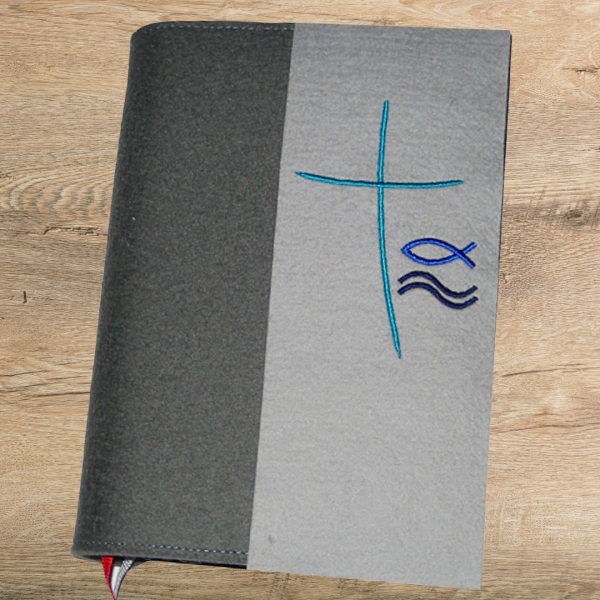 Preview: Stickdatei Kreuz schlicht mit Fisch und Wellen für den 10x10cm Stickrahmen