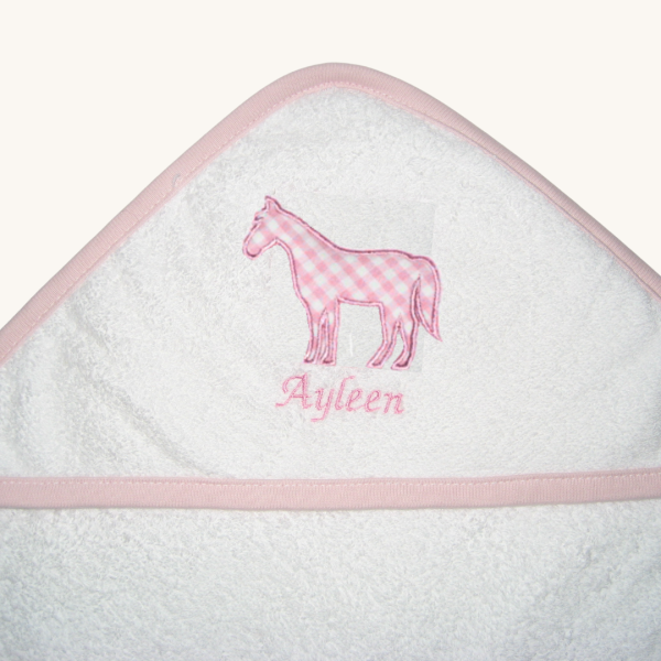 Baby-Kapuzenbadetuch mit Pferd-Applikation und rosa Einfassung, 75 x 75 cm