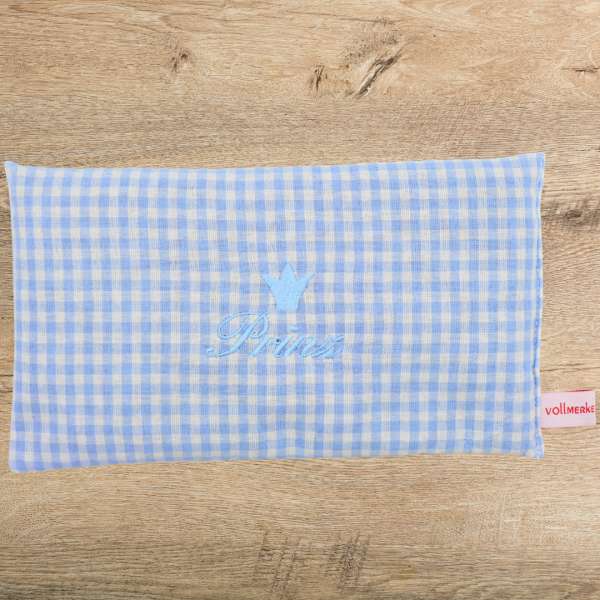 Körnerkissen "Prinz" bestickt mit Krone blau-weiß-kariert -sofort lieferbar-