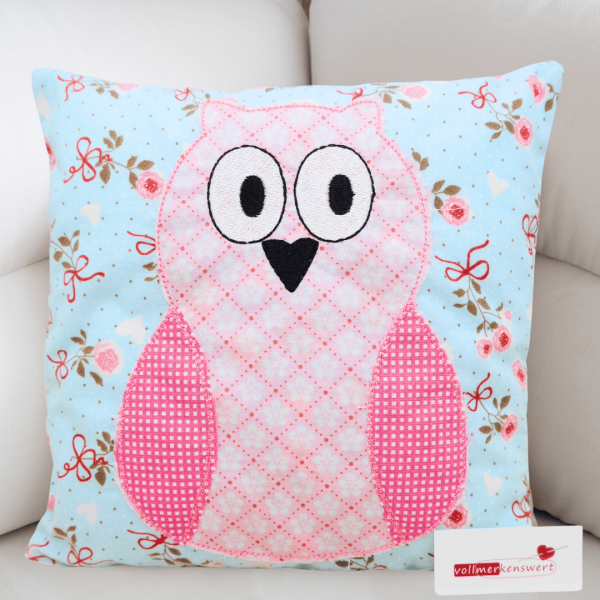 kleines Eulen-Kissen 20x20 cm als Doodle-Applikation bestickt -Sofortkauf-