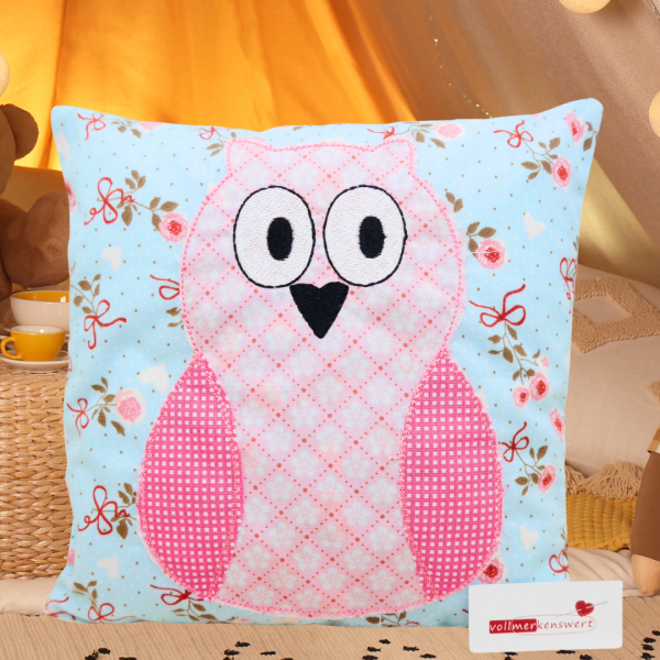 kleines Eulen-Kissen 20x20 cm als Doodle-Applikation bestickt -Sofortkauf-