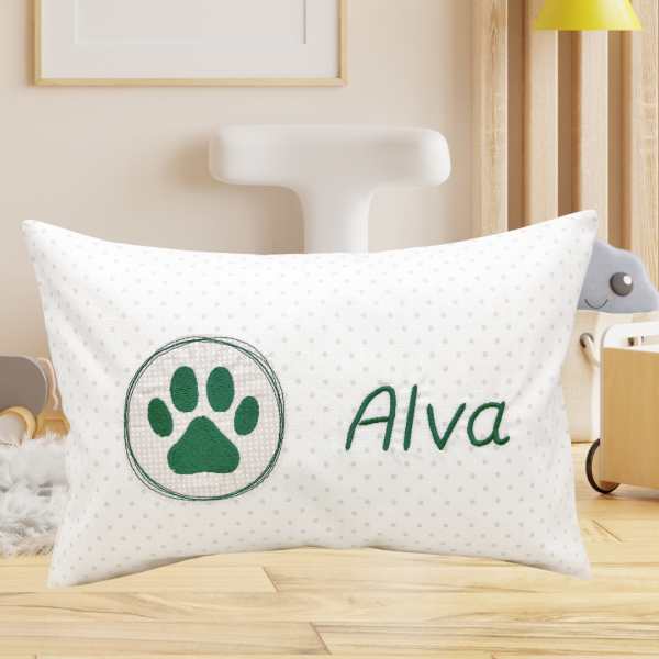 Kissen 20x30 cm mit Wunschmotiv (z.B. Hundepfote) und Wunschname bestickt