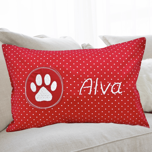 Preview: Kissen 20x30 cm Pfotenabdruck und Name bestickt