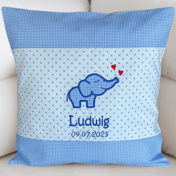 Kissen mit Elefant und Name bestickt, Farbe: blau