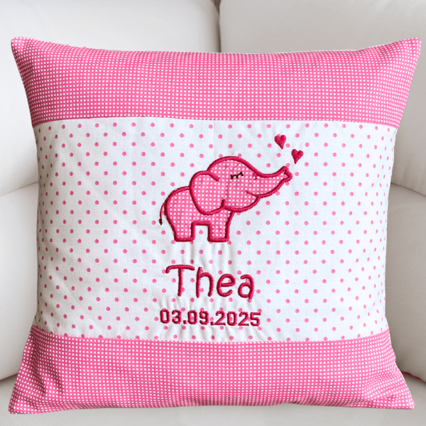 Preview: Kissen mit Elefant und Name bestickt, Farbe: rosa