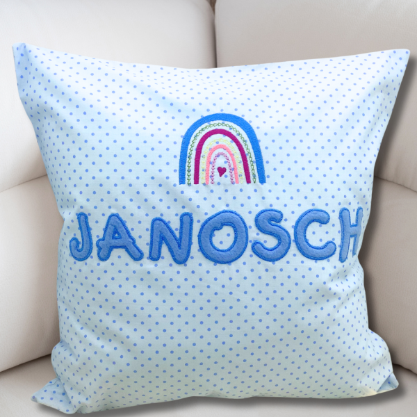 Preview: Namenskissen-Hülle mit Regenbogen und Wunschname als Namensapplikation bestickt 40x40 cm