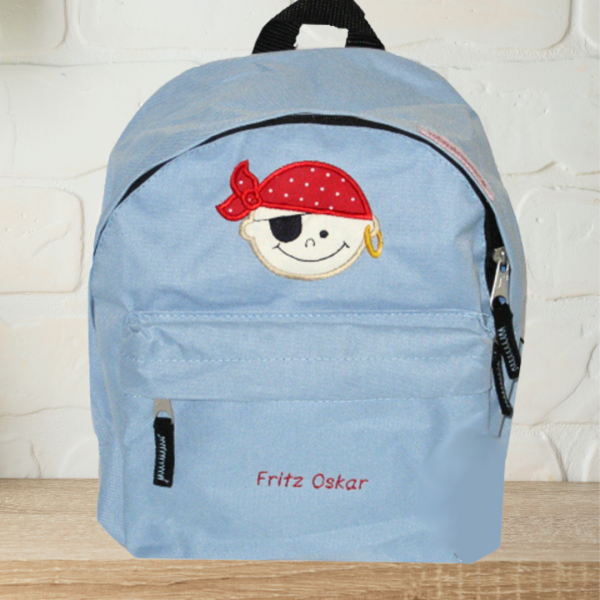 Preview: Kindergartenrucksack mit Wunschmotiv und Name bestickt Farbe: hellblau -personalisiert-