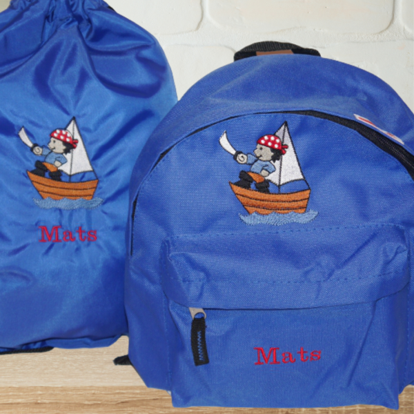 Preview: Kindergartenrucksack mit Wunschmotiv und Name bestickt Farbe: royalblau -personalisiert-