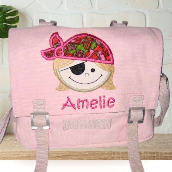 Canvastasche mit Wunschmotiv und Name bestickt für Kindergartenkinder & Große Farbe: rosa Verschluss: Metallösen -personalisiert-
