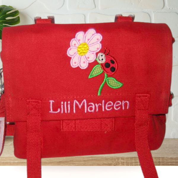 Canvastasche mit Wunschmotiv und Name bestickt für Kindergartenkinder & Große Farbe: rot Verschluss: Klettverschluss -personalisiert- 