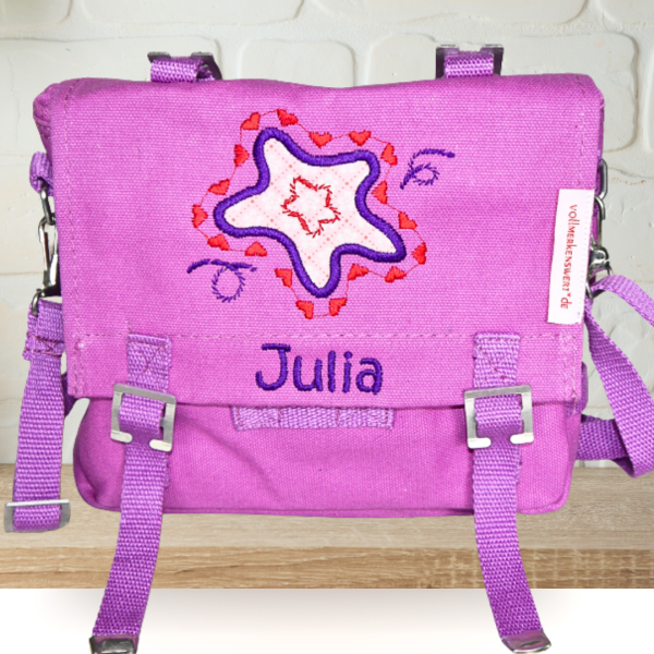 Canvastasche mit Wunschmotiv und Name bestickt für Kindergartenkinder & Große Farbe: lila Verschluss: Metallösen -personalisiert-