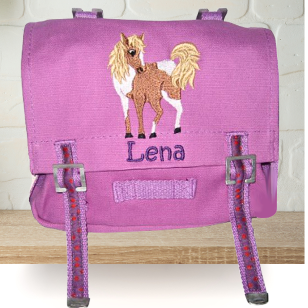 Preview: Canvastasche mit Wunschmotiv und Name bestickt für Kindergartenkinder & Große Farbe: lila Verschluss: Metallösen -personalisiert-