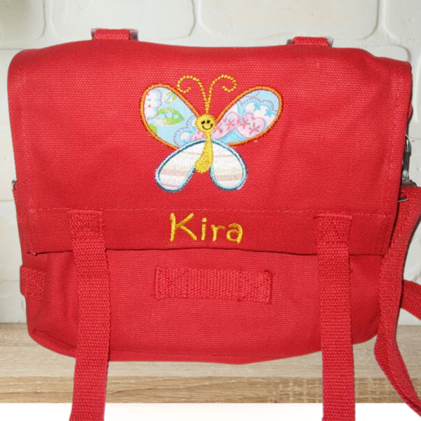 Preview: Canvastasche mit Wunschmotiv und Name bestickt für Kindergartenkinder & Große Farbe: rot Verschluss: Klettverschluss -personalisiert- 