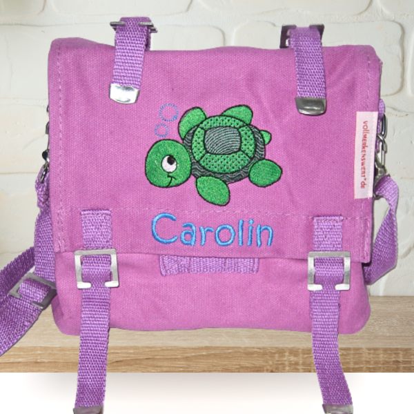 Preview: Canvastasche mit Wunschmotiv und Name bestickt für Kindergartenkinder & Große Farbe: rot Verschluss: Metallösen -personalisiert-