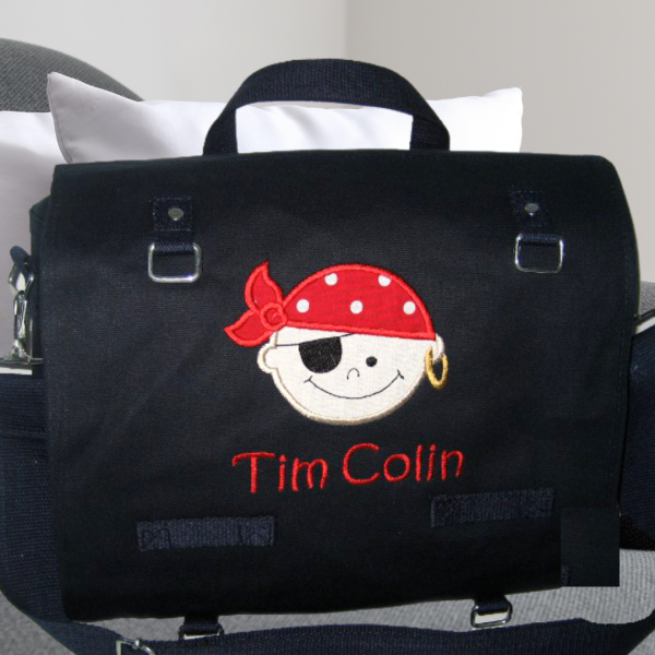 Preview: große Canvastasche mit Wunschmotiv und Name bestickt als Wickeltasche / Schultasche / Hundekramtasche -personalisiert-