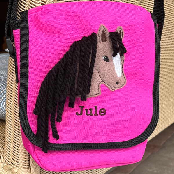 Schultertasche mit Wunschmotiv und Name bestickt für Kindergartenkinder & Große Farbe: pink -personalisiert-
