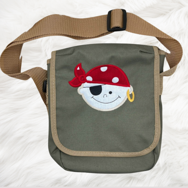 Schultertasche mit Wunschmotiv und Name bestickt für Kindergartenkinder & Große Farbe: oliv -personalisiert-