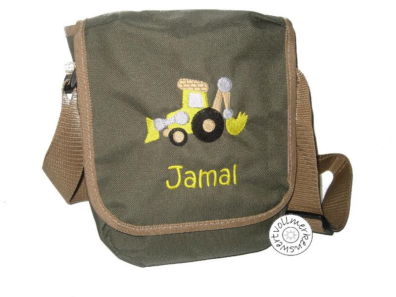 Preview: Schultertasche mit Wunschmotiv und Name bestickt für Kindergartenkinder & Große Farbe: oliv -personalisiert-
