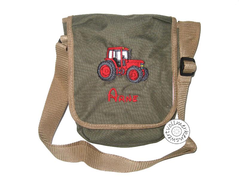 Schultertasche mit Wunschmotiv und Name bestickt für Kindergartenkinder & Große Farbe: oliv -personalisiert-