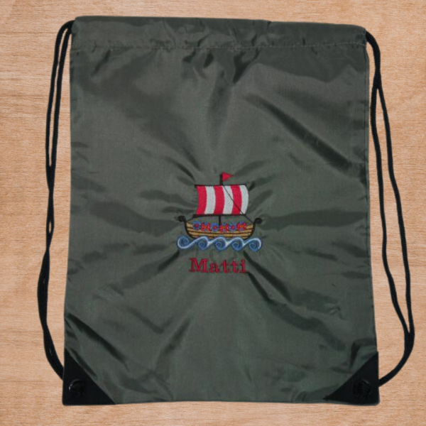Turnbeutel "Sporty" mit Wunschmotiv und Name bestickt für Kindergartenkinder & Große -personalisiert- Farbe: oliv