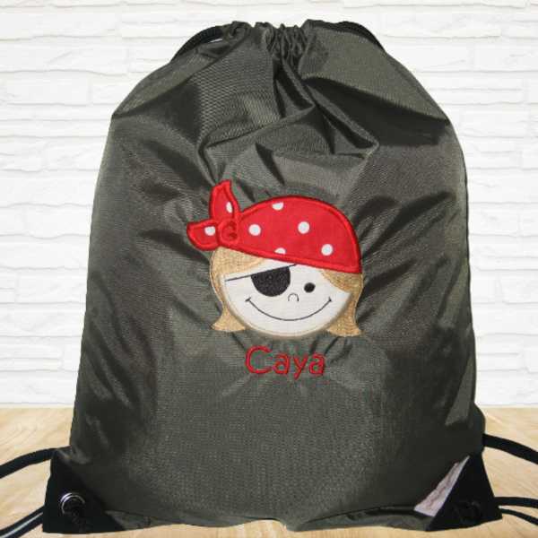 Turnbeutel "Sporty" mit Wunschmotiv und Name bestickt für Kindergartenkinder & Große -personalisiert- Farbe: oliv