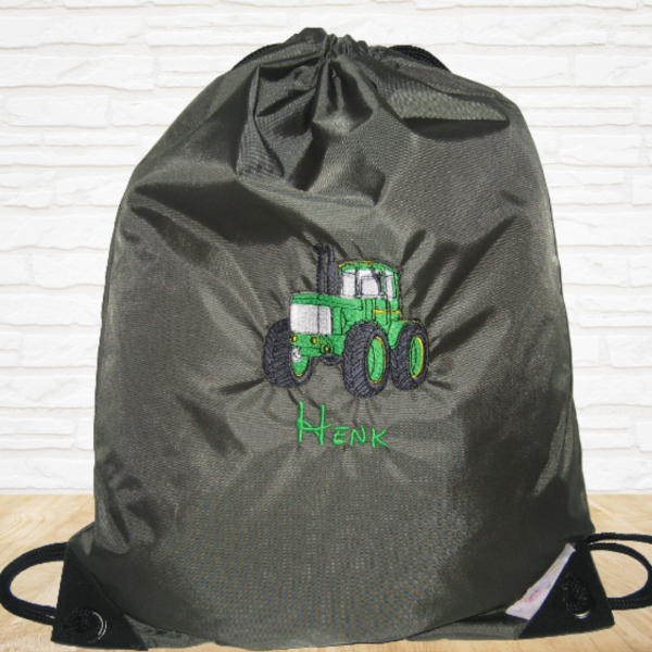 Turnbeutel "Sporty" mit Wunschmotiv und Name bestickt für Kindergartenkinder & Große -personalisiert- Farbe: oliv