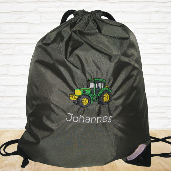 Turnbeutel "Sporty" mit Wunschmotiv und Name bestickt für Kindergartenkinder & Große -personalisiert- Farbe: oliv