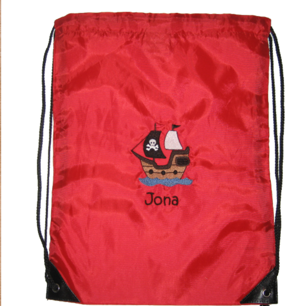 Turnbeutel "Sporty" mit Wunschmotiv und Name bestickt für Kindergartenkinder & Große -personalisiert- Farbe: rot