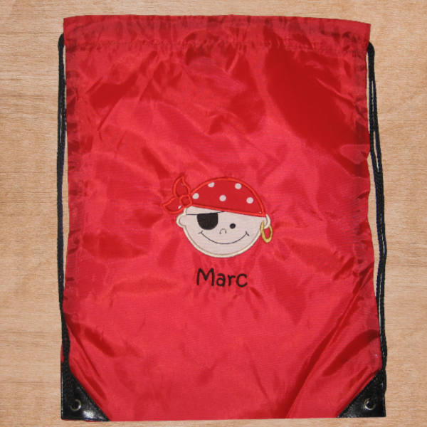 Turnbeutel "Sporty" mit Wunschmotiv und Name bestickt für Kindergartenkinder & Große -personalisiert- Farbe: rot