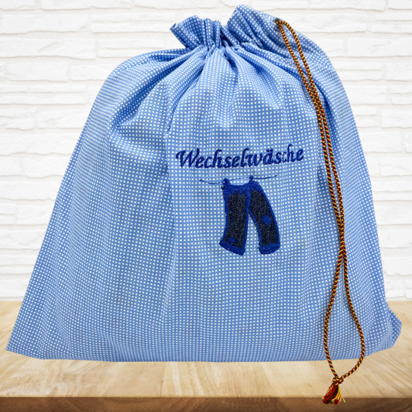 Wäschebeutel "Wäscheleine" mit dem Schriftzug Wechselwäsche bestickt