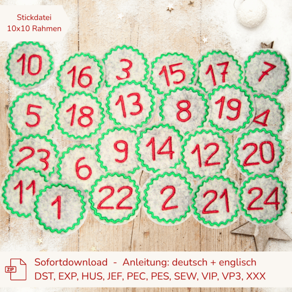 Stickdatei Adventskalenderzahlen 1-24 für 10x10 cm