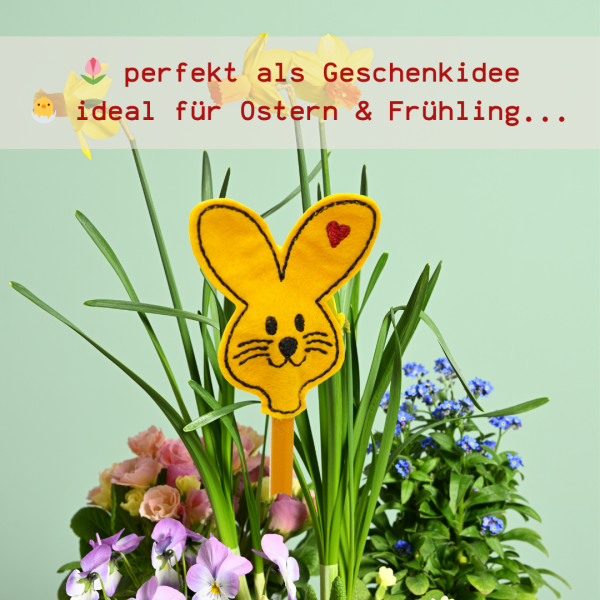 6 ITH - Stickdateien Hasen Stiftetopper als Einzeldateien und im Mehrfachrahmen - Blumenstecker Osterdeko für den 10x10cm Stickrahmen - Geschenkidee Ostern / Frühling