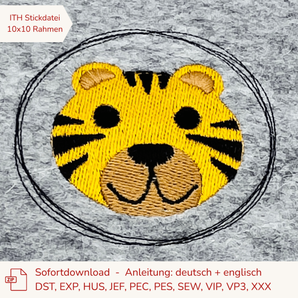 Stickdatei Tiger im Doodle-Rahmen für 10x10cm Stickrahmen