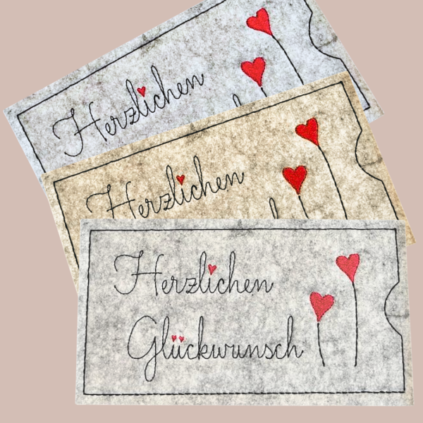 ITH Stickdatei Schokoladenhülle für den 13x18 cm Stickrahmen mit zwei gestickten Herzen am Stiel als romantische Geschenkverpackung für Schokolade.