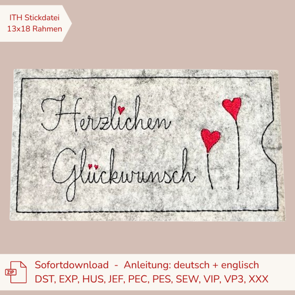 ITH Stickdatei Schokoladenhülle für den 13x18 cm Stickrahmen mit zwei gestickten Herzen am Stiel als romantische Geschenkverpackung für Schokolade.