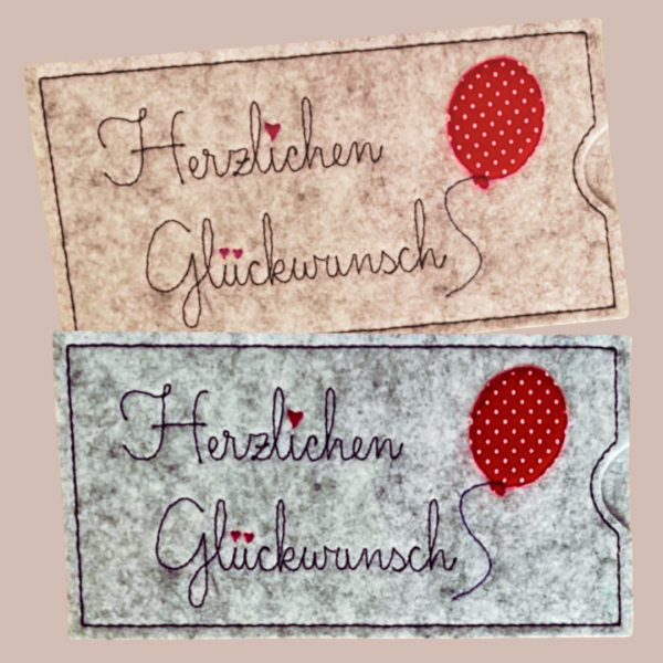 ITH Stickdatei Schokoladenhülle für den 13x18 cm Stickrahmen Herzlichen Glückwunsch mit Herzen und Luftballon als romantische Geschenkverpackung für Schokolade.