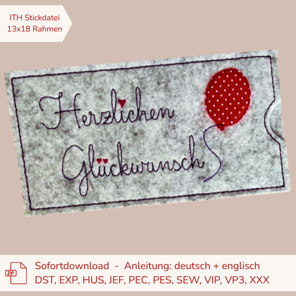 ITH Stickdatei Schokoladenhülle für den 13x18 cm Stickrahmen Herzlichen Glückwunsch mit Herzen und Luftballon als romantische Geschenkverpackung für Schokolade.
